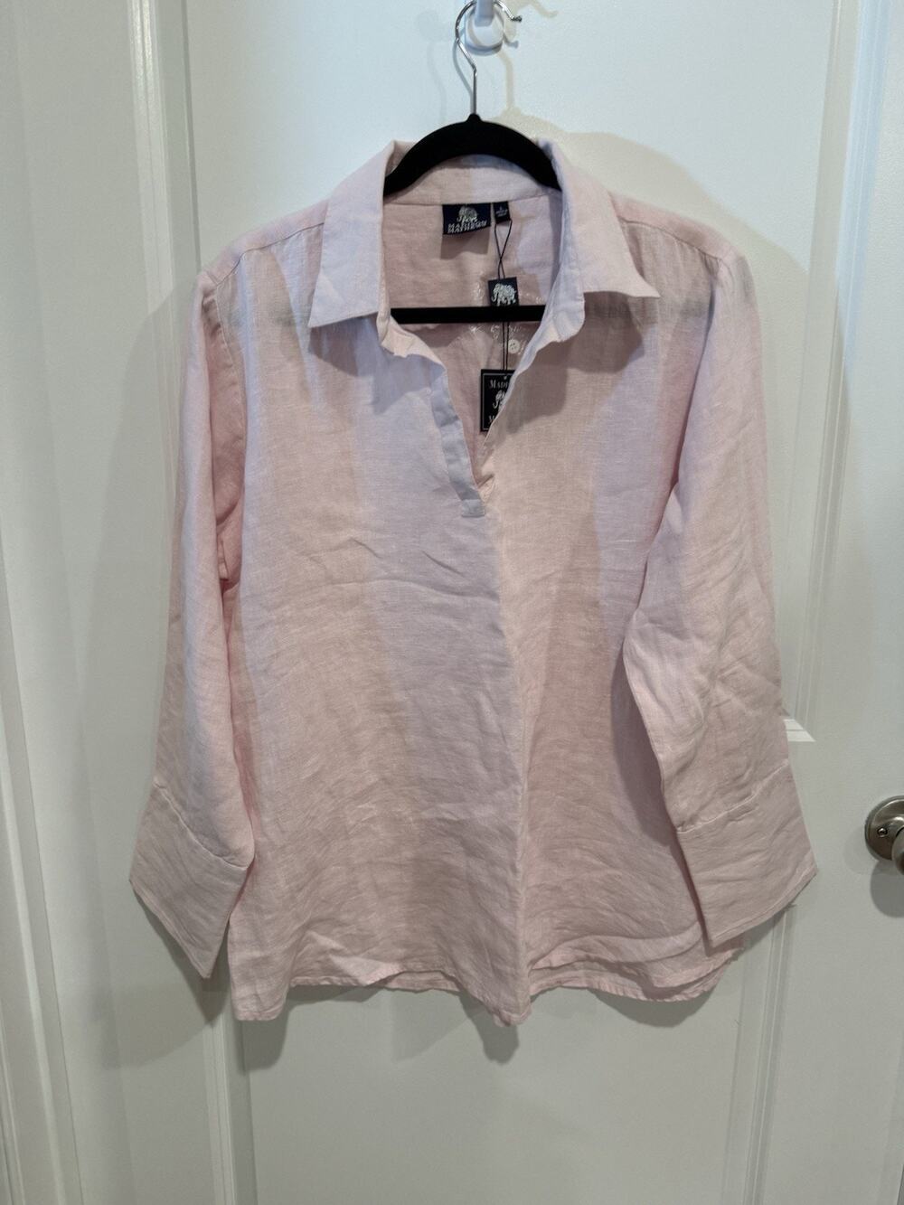 NWT Madison Mathews Womens Linen Henley Tunic Blouse Pink Long Sleeve Size Large